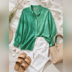 Anne Klein 2X Green Mixed Print Button Front Blouse Tunic Long Sleeve